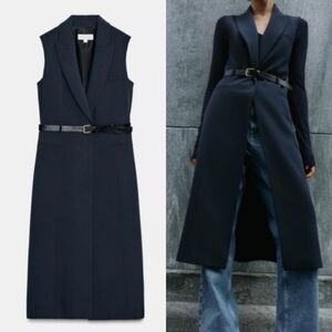 ZARA LONG WAISTCOAT WITH BELT NAVY SIZE L